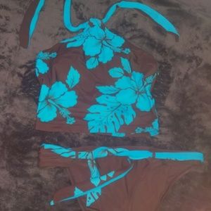 Brown and teal Hawaiian flowered tankini